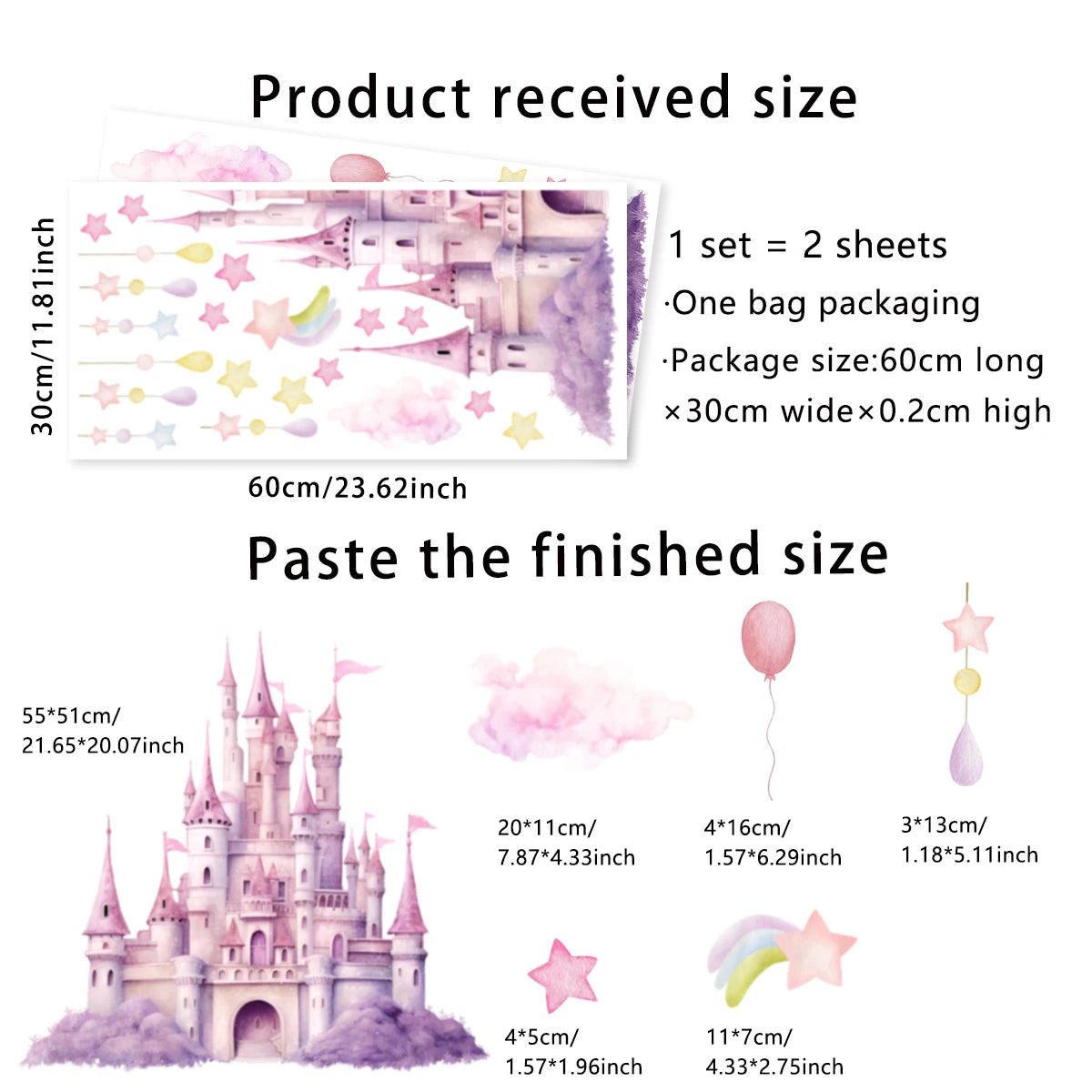 Additional view of Pink Castle Clouds Stars and Balloon Wall Decal | Kids Room Decor by HomeDecorDecals.