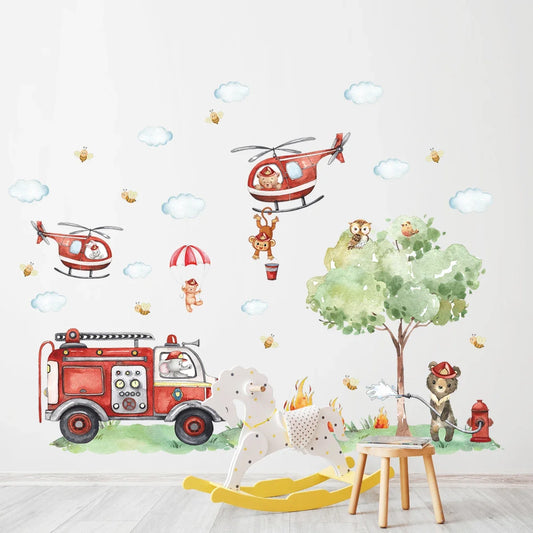Animal Helicopter and Fire Truck Wall Decal | Kids Room Decor removable peel and stick wall decal by HomeDecorDecals.