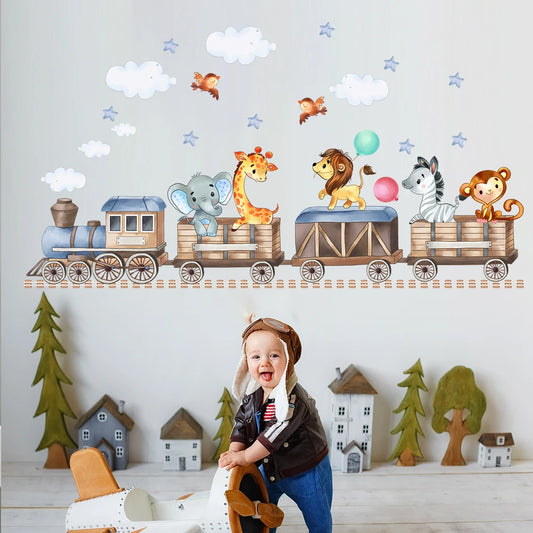 Animals Riding on Small Trains Wall Decal | Kids Room Decor removable peel and stick wall decal by HomeDecorDecals.