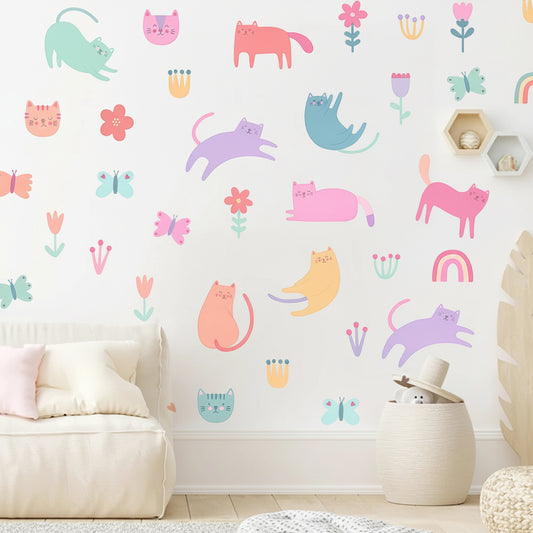 Cartoon Cat and Butterfly Wall Decal | Kids Room Decor removable peel and stick wall decal by HomeDecorDecals.