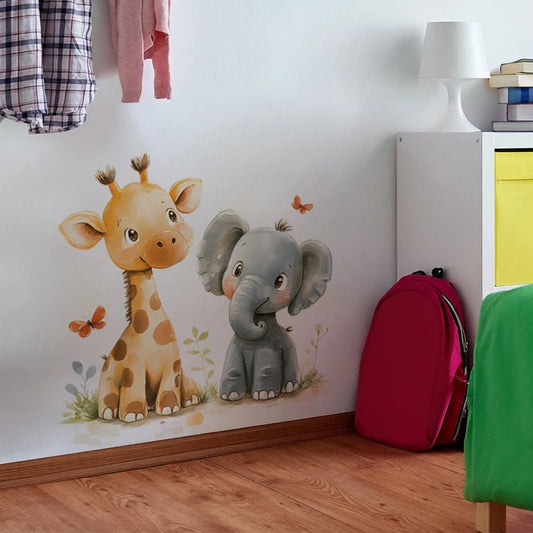 Cartoon Giraffe and Elephant Wall Decal | Kids Room Decor removable peel and stick wall decal by HomeDecorDecals.