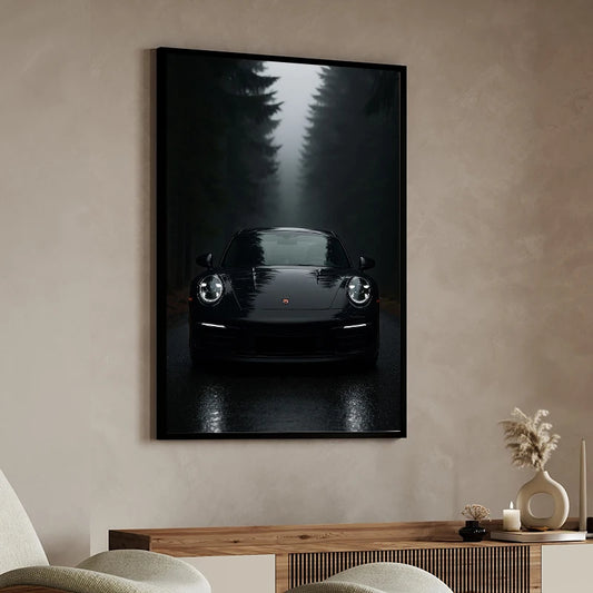 Close-up view of Black and White Luxury Car Art Poster | Home Decor by HomeDecorDecals.