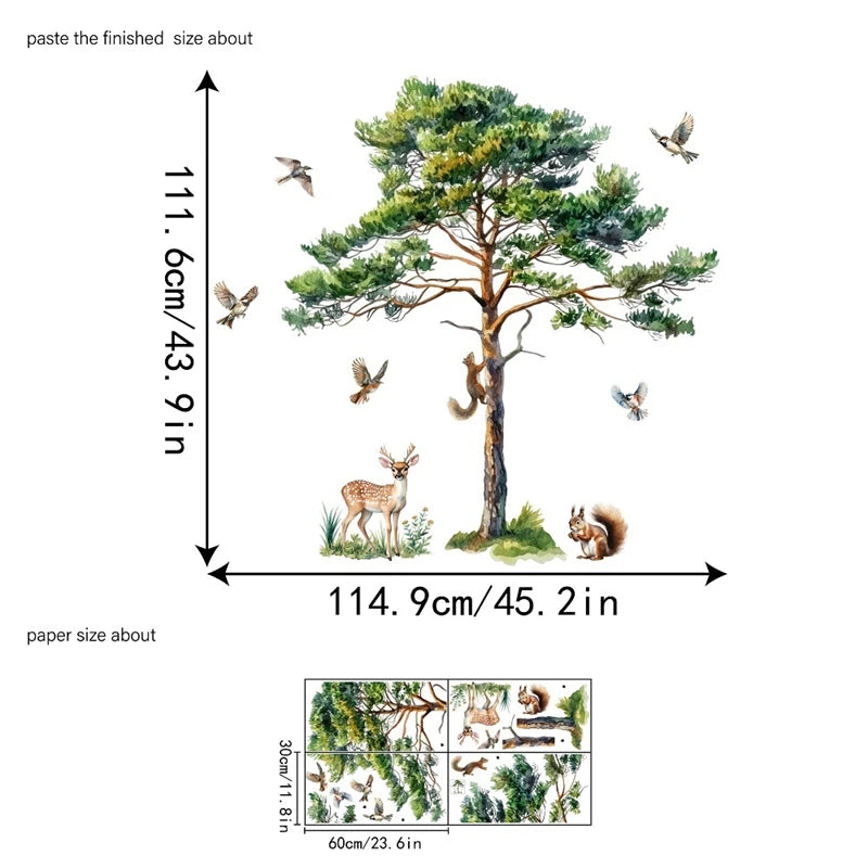 Detailed look at Big Tree Squirrels and Flying Birds Forest View Wall Decal | Home Decor by HomeDecorDecals.