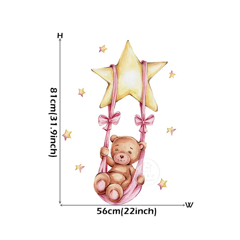 Watercolor Sweet Teddy Girl Bear Swing on the Star Wall Stickers for Kids Room Baby Nursery Room Wall Decals Room PVC Pink Stars-HomeDecorDecals_com
