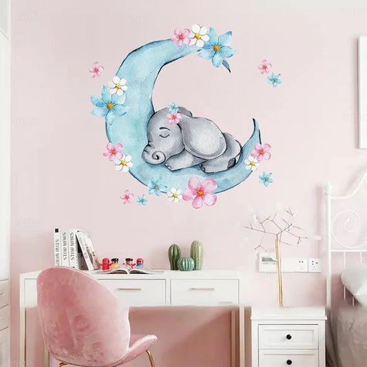 Sleeping Little Elephant on the Moon Wall Decal | Kids Room Decor removable peel and stick wall decal by HomeDecorDecals.