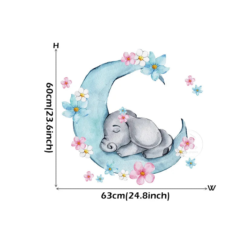 Watercolor Sleeping Baby Elephant on the Moon Wall Stickers With Flowers for Kids Room Baby Nursery Room Wall Decals Room PVC-HomeDecorDecals_com