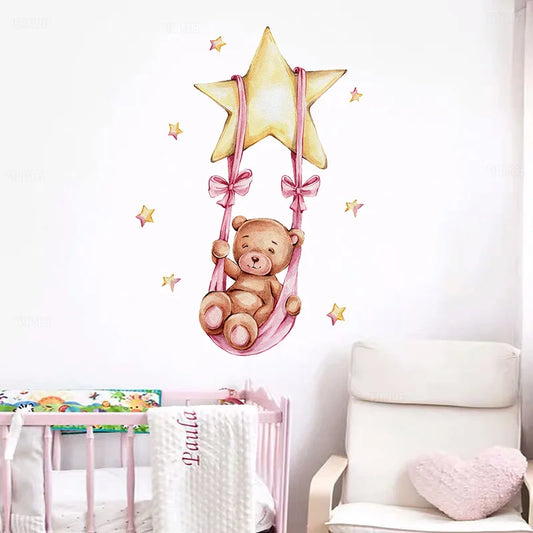 Teddy Bear Swinging on a Star Wall Decal | Kids Room Decor removable peel and stick wall decal by HomeDecorDecals.