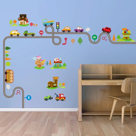 Cartoon Highway Track Cars Wall Decal | Kids Room Decor removable peel and stick wall decal by HomeDecorDecals.