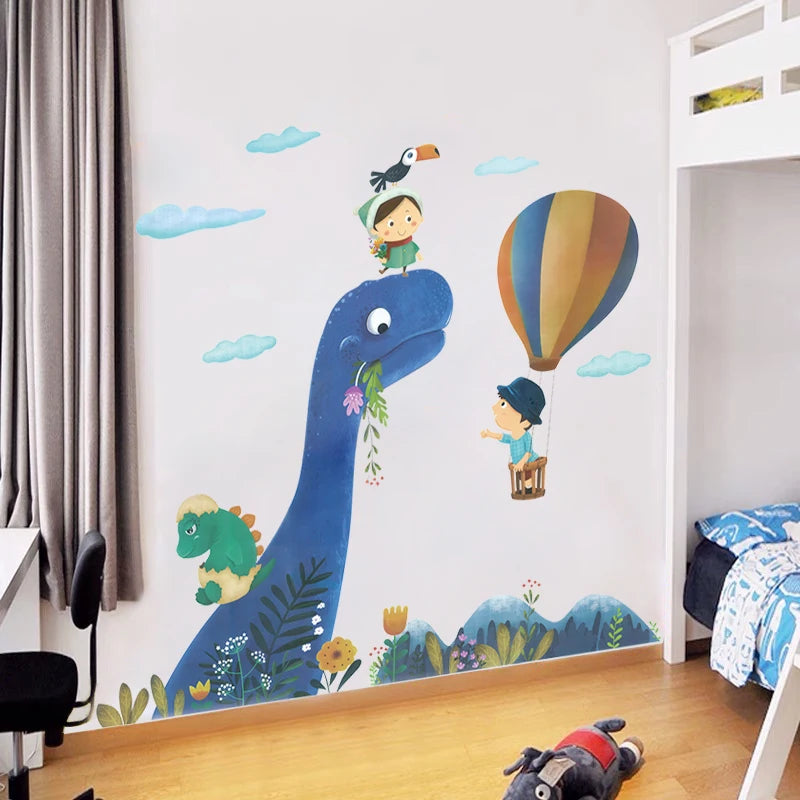 Cartoon Blue Dinosaur Hot Airballoon Kids Cloud Wall Stickers for Kids Room Baby Nursery Decorative Stickers Wall Decals PVC-HomeDecorDecals_com