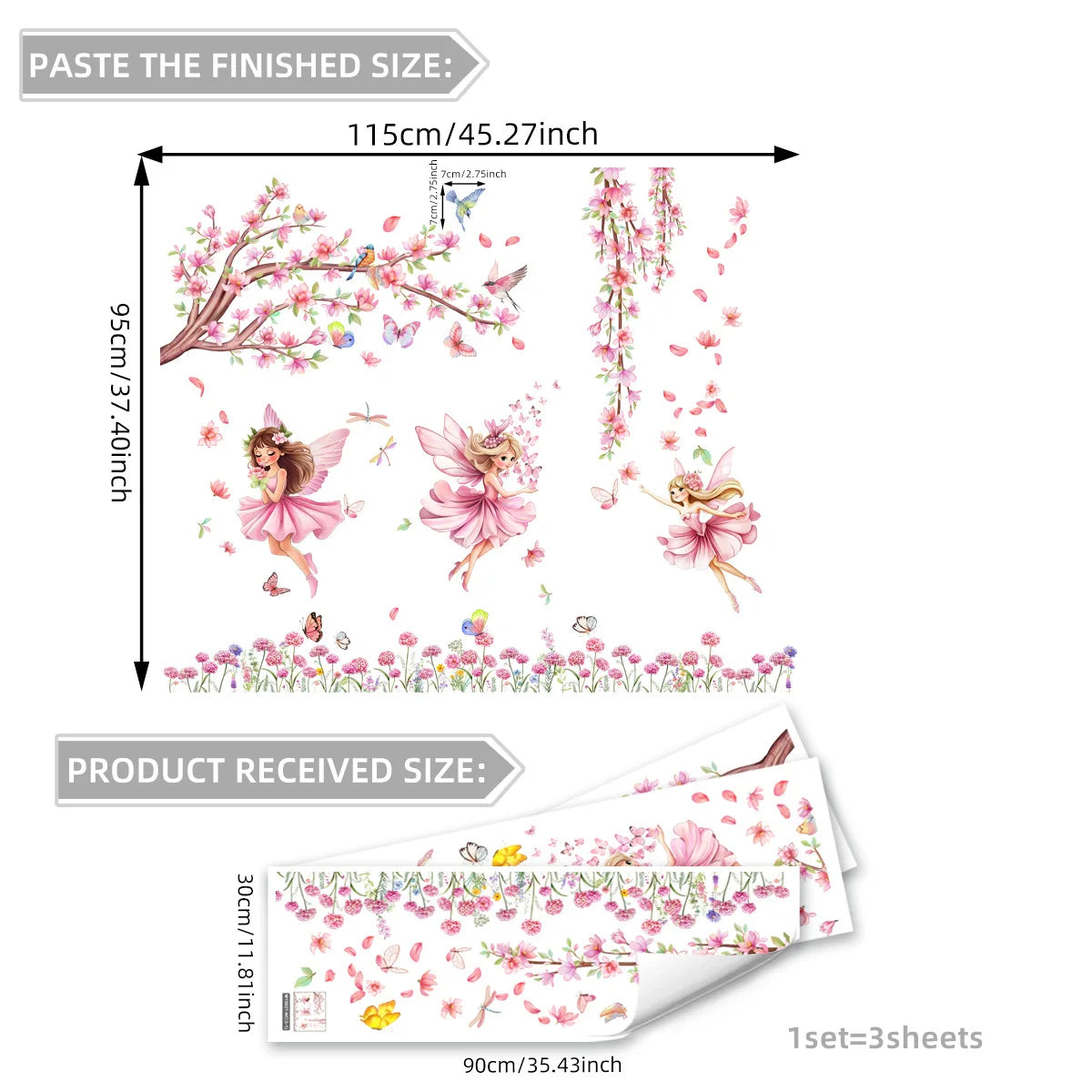 Pink Tree Branches Bird Butterflies and Elf Wall Decal | Home Decor home decor design by HomeDecorDecals.