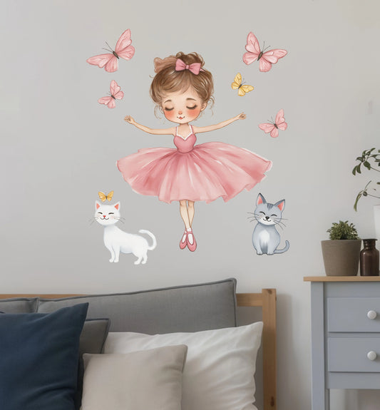 Dancing Princess Kitten and Butterfly Wall Decal | Kids Room Decor removable peel and stick wall decal by HomeDecorDecals.