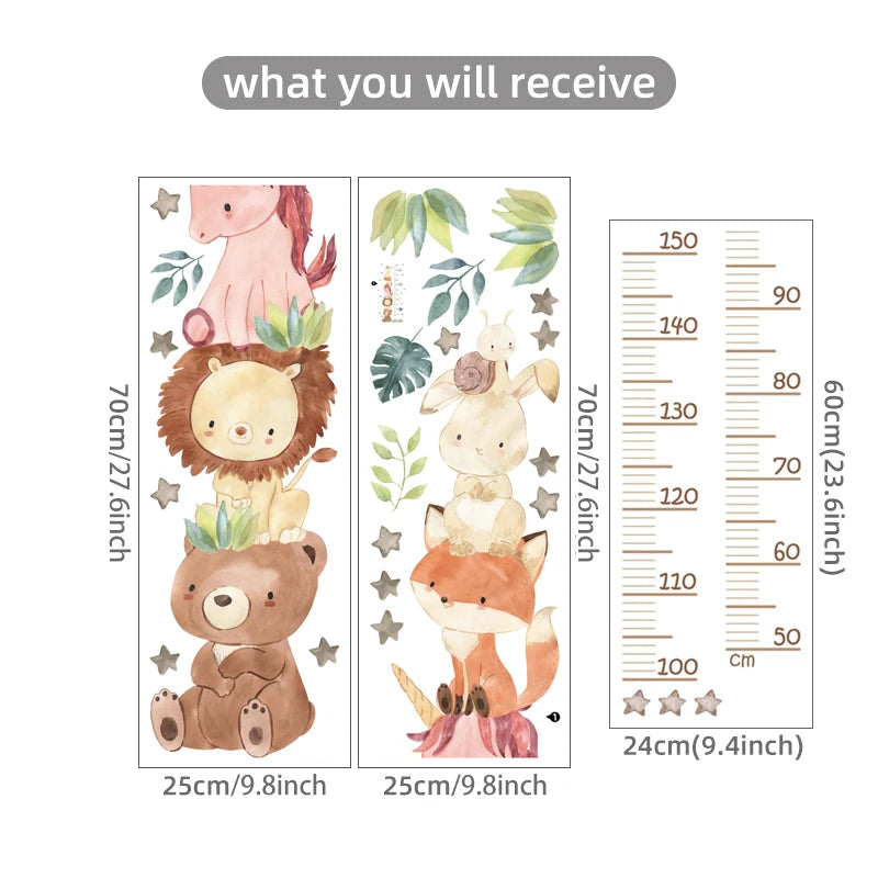 Watercolor Animal Bear Lion Bunny Height Ruller Wall Stickers Kids Grow uo Chart Wall Decals for Kids Room Baby Nursery Room PVC-HomeDecorDecals_com