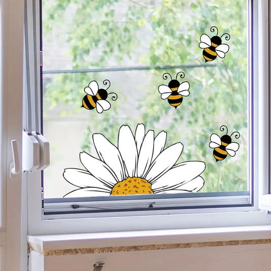 Cartoon Bee and Sunflower Pattern Wall Decal | Home Decor removable peel and stick wall decal by HomeDecorDecals.
