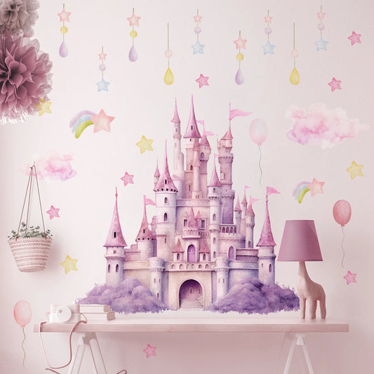 Pink Castle Clouds Stars and Balloon Wall Decal | Kids Room Decor removable peel and stick wall decal by HomeDecorDecals.