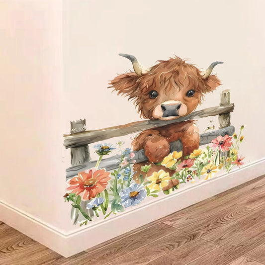 Cartoon Flowers and Cute Cow Wall Decal | Kids Room Decor removable peel and stick wall decal by HomeDecorDecals.