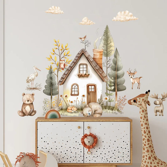 Tree Wooden House and Bear Wall Decal | Kids Room Decor removable peel and stick wall decal by HomeDecorDecals.