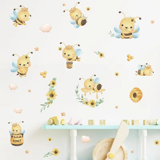 Boho Cartoon Bee and Flowers Wall Decal | Kids Room Decor removable peel and stick wall decal by HomeDecorDecals.
