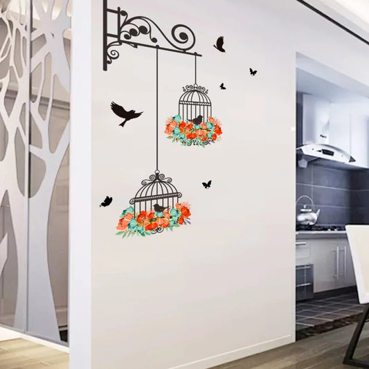 Colourful Flower Birdcage and Flying Birds Wall Decal | Home Decor removable peel and stick wall decal by HomeDecorDecals.