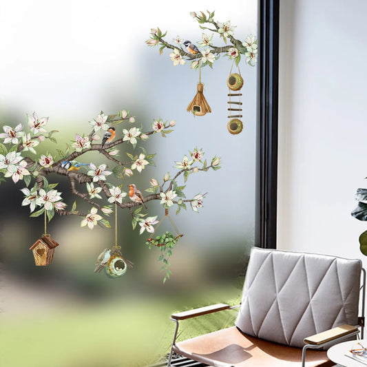 Birds on Flower Branch Window Wall Decal | Room Decor removable peel and stick wall decal by HomeDecorDecals.