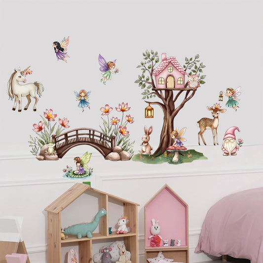 Unicorn Flower Fairy in the Forest Wall Decal | Kids Room Decor removable peel and stick wall decal by HomeDecorDecals.