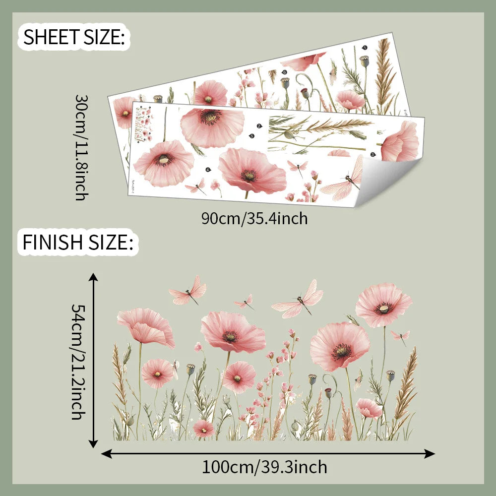 Watercolour Pink Poppy and Dragonfly Wall Decal | Home Decor displayed in room decor by HomeDecorDecals.