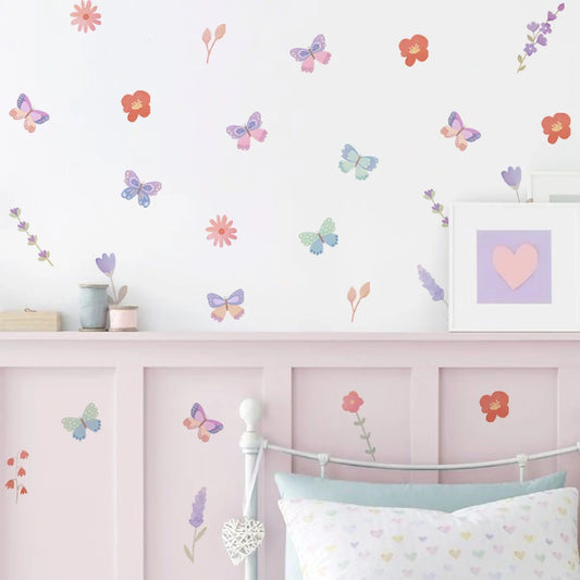 Watercolour Butterfly and Flowers Cartoon Wall Decal | Home Decor removable peel and stick wall decal by HomeDecorDecals.