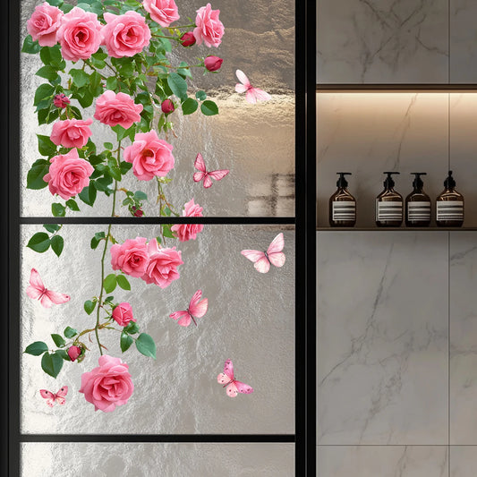 Pink Rose and Butterfly Window Decal | Home Decor removable peel and stick wall decal by HomeDecorDecals.