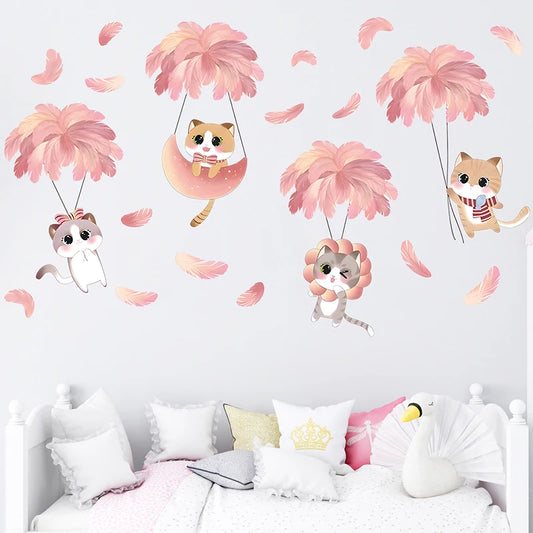 Pink Feather Balloon Cats Cartoon Wall Decal | Kids Room Decor removable peel and stick wall decal by HomeDecorDecals.