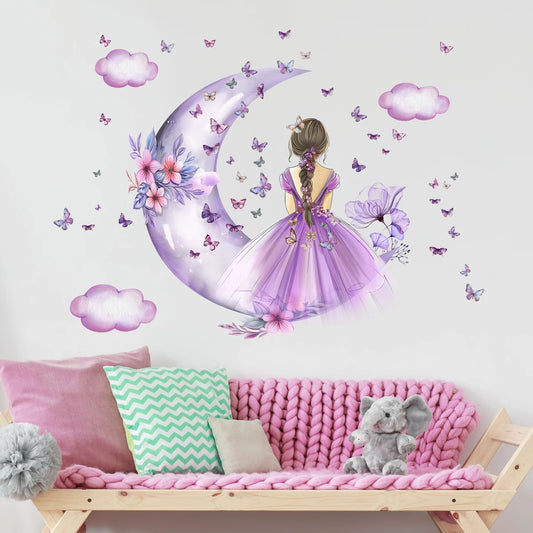 Princess Cloud Moon and Butterflies Wall Decal | Kids Room Decor removable peel and stick wall decal by HomeDecorDecals.