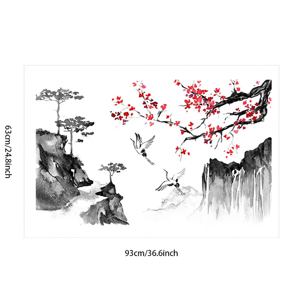 Wind Ink Landscape Painting Art Wall Stickers Crane Bedroom Living Room Home Decoration Self-adhesive Wall Decals-HomeDecorDecals_com