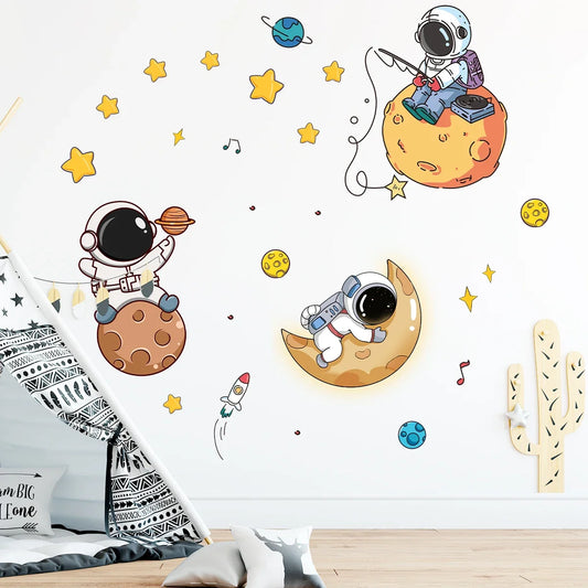 Cartoon Planet Moon Star and Astronaut Wall Decal | Kids Room Decor removable peel and stick wall decal by HomeDecorDecals.