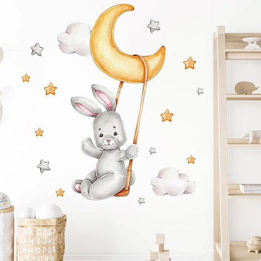Watercolour Moon Cloud and Bunny Wall Decal | Kids Room Decor removable peel and stick wall decal by HomeDecorDecals.
