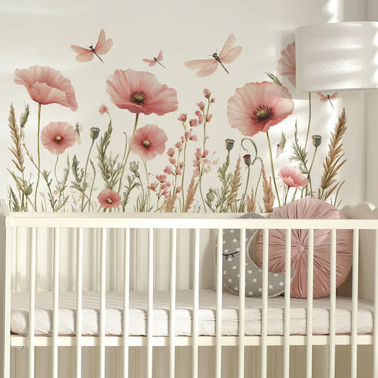 Watercolour Pink Poppy and Dragonfly Wall Decal | Home Decor removable peel and stick wall decal by HomeDecorDecals.