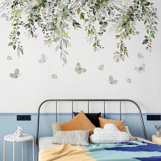 Green Leaves Butterfly and Vine Wall Decal | Home Decor removable peel and stick wall decal by HomeDecorDecals.