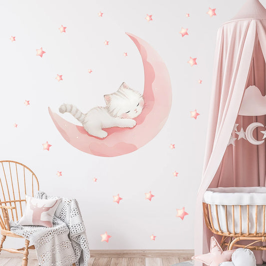 Pink Moon Cat Sleep Wall Decal | Home Decor removable peel and stick wall decal by HomeDecorDecals.