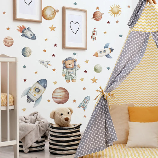 Cartoon Bear Astronaut Rocket Wall Decal | Kids Room Decor removable peel and stick wall decal by HomeDecorDecals.