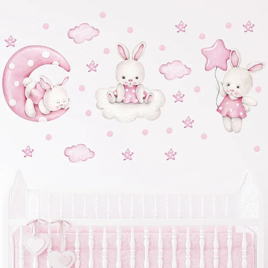 Watercolour Pink Bunny Moon Wall Decal | Kids Room Decor removable peel and stick wall decal by HomeDecorDecals.