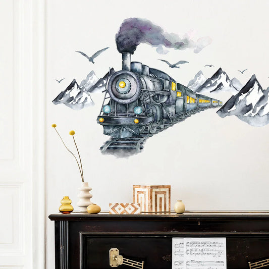 Watercolour Realistic Mountain Train and Bird Wall Decal | Home Decor removable peel and stick wall decal by HomeDecorDecals.