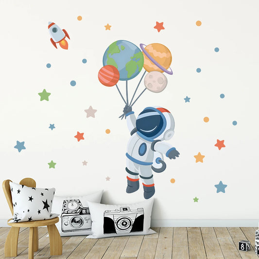 Cartoon Planet Star and Astronaut Wall Decal | Kids Room Decor removable peel and stick wall decal by HomeDecorDecals.