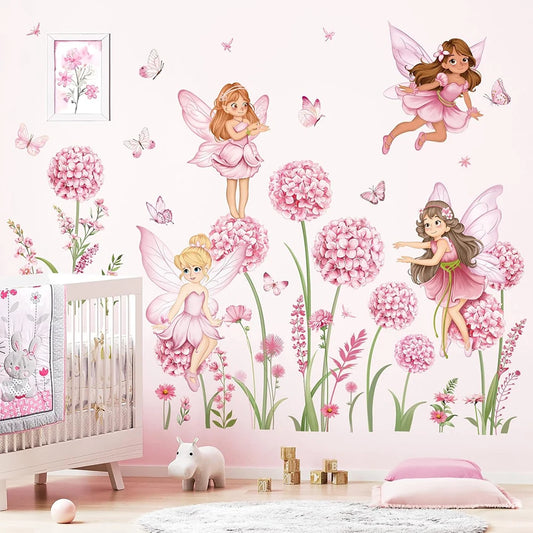 Cartoon Pink Flower Fairy and Dandelion Wall Decal | Home Decor removable peel and stick wall decal by HomeDecorDecals.