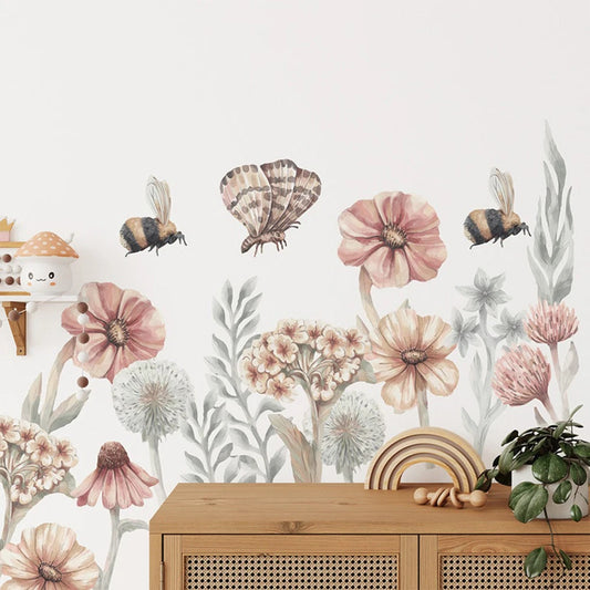 Boho Flowers Butterfly and Bee Wall Decal | Home Decor removable peel and stick wall decal by HomeDecorDecals.