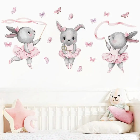 Rabbits Dancing Ballet and Butterfly Wall Decal | Kids Room Decor removable peel and stick wall decal by HomeDecorDecals.