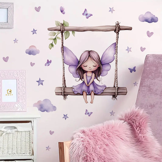 Purple Star Fairy and Butterfly Wall Decal | Kids Room Decor removable peel and stick wall decal by HomeDecorDecals.