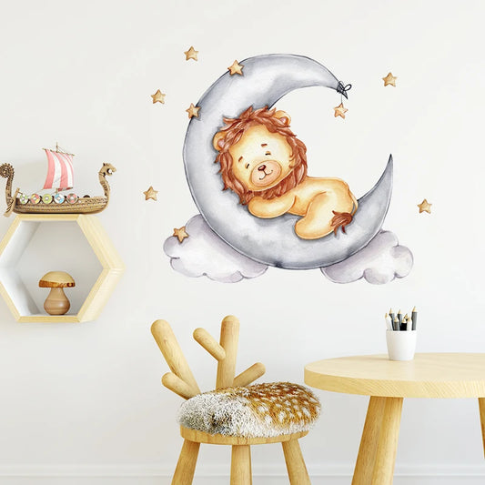 Cartoon Gold Lion Sleeping on the Moon Wall Sticker | Kids Room Decor removable peel and stick wall decal by HomeDecorDecals.