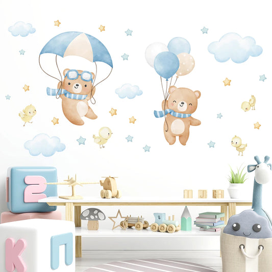 Cloud Star Cartoon Balloon Bear Wall Decal | Kids Room Decor removable peel and stick wall decal by HomeDecorDecals.