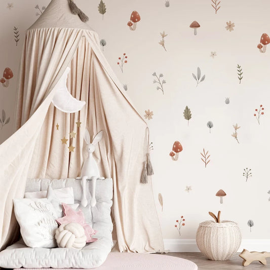 Boho Cartoon Mushroom and Leaves Wall Decal | Home Decor removable peel and stick wall decal by HomeDecorDecals.