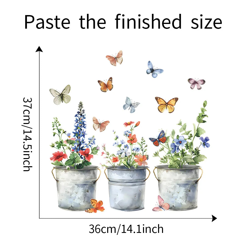 Iron Bucket Flower Pot and Butterfly Wall Decal | Home Decor decorative wall feature by HomeDecorDecals.