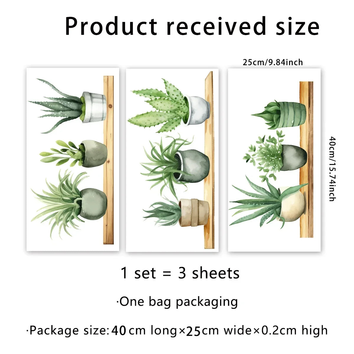 Set of three plant-themed posters with measurements and packaging details | Home Decor by HomeDecorDecals.