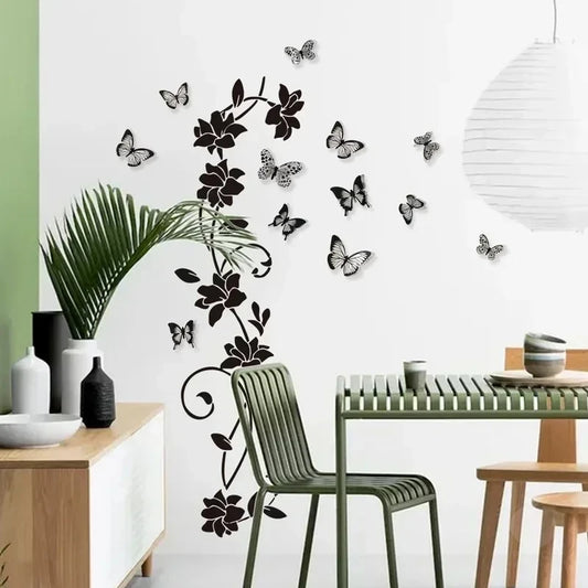 Black Flower Vine and 3D Butterfly Wall Decal | Home Decor removable peel and stick wall decal by HomeDecorDecals.