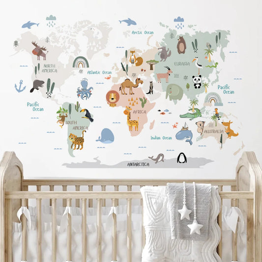 World Map Animals Wall Decal | Kids Room Decor removable peel and stick wall decal by HomeDecorDecals.